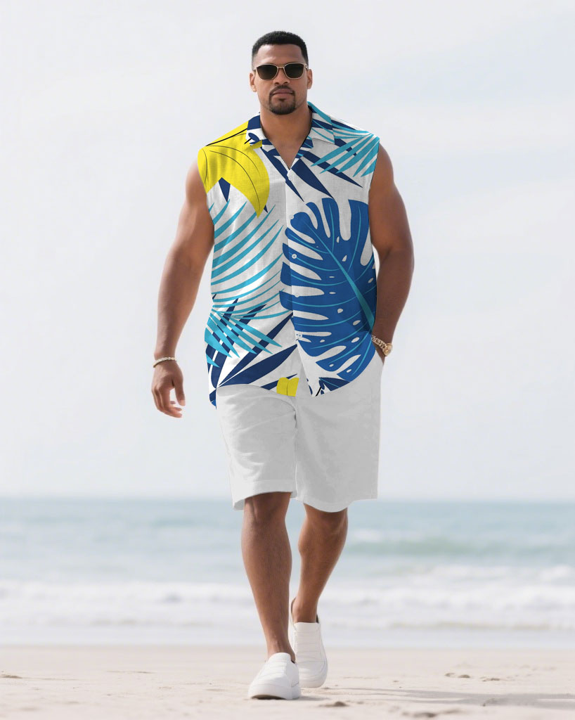 Big & Tall White Hawaiian T-Shirt Shorts Set for big men view 1