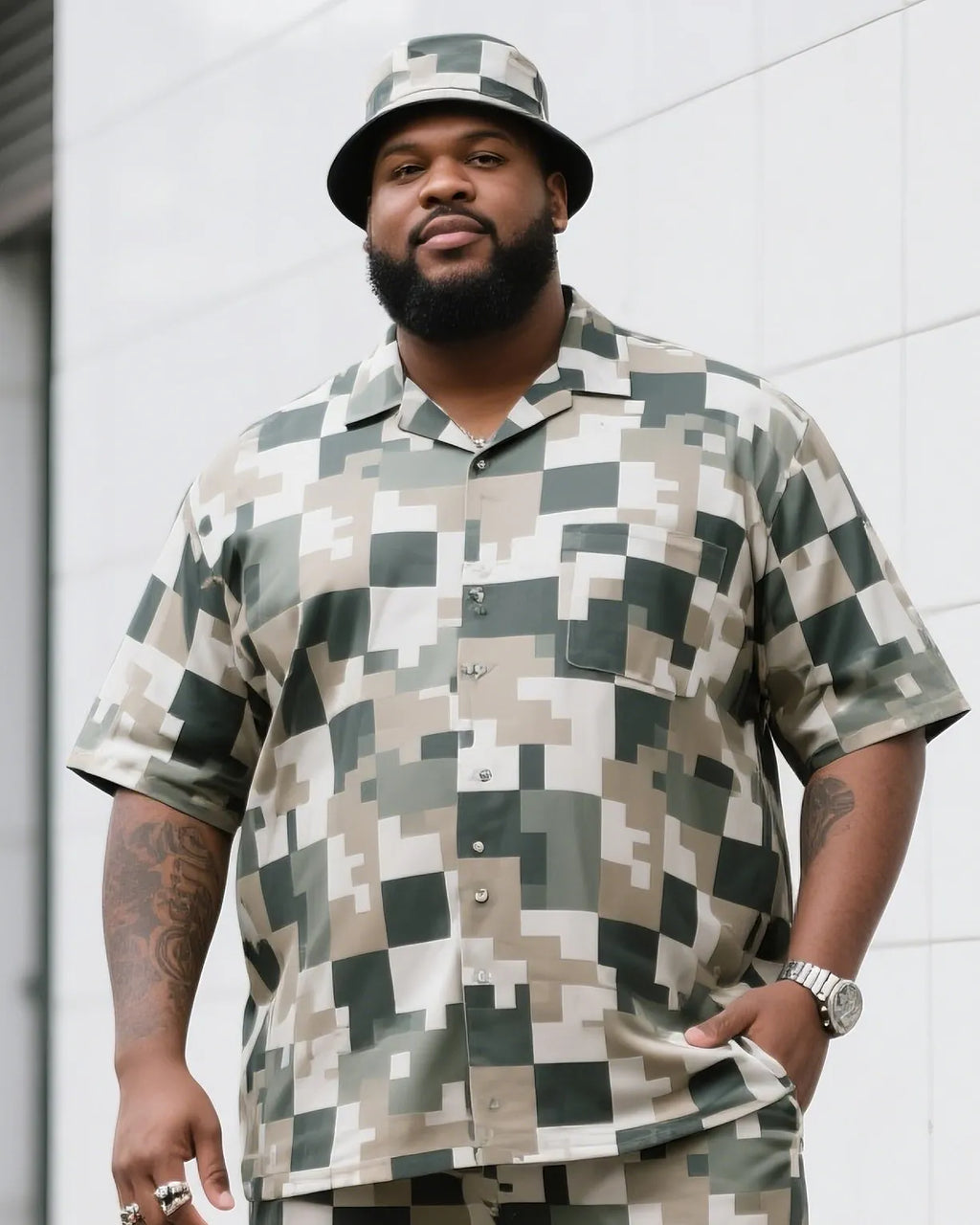 Big & Tall Plaid Camouflage T-Shirt Shorts Set for big men view 5