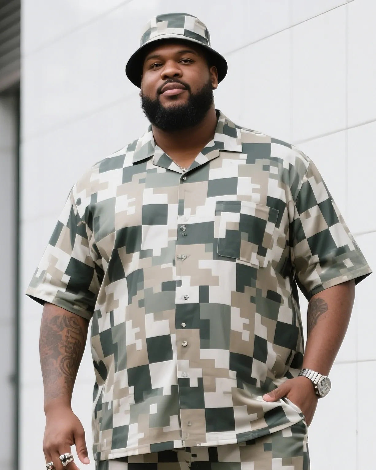 Big & Tall Plaid Camouflage T-Shirt Shorts Set for big men view 5