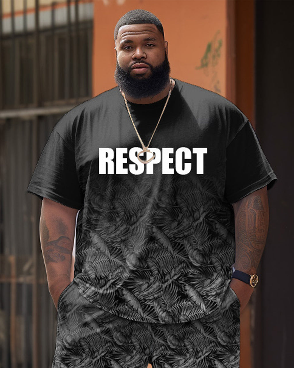 Big & Tall Black Gradient T-Shirt Shorts Set for big men view 2