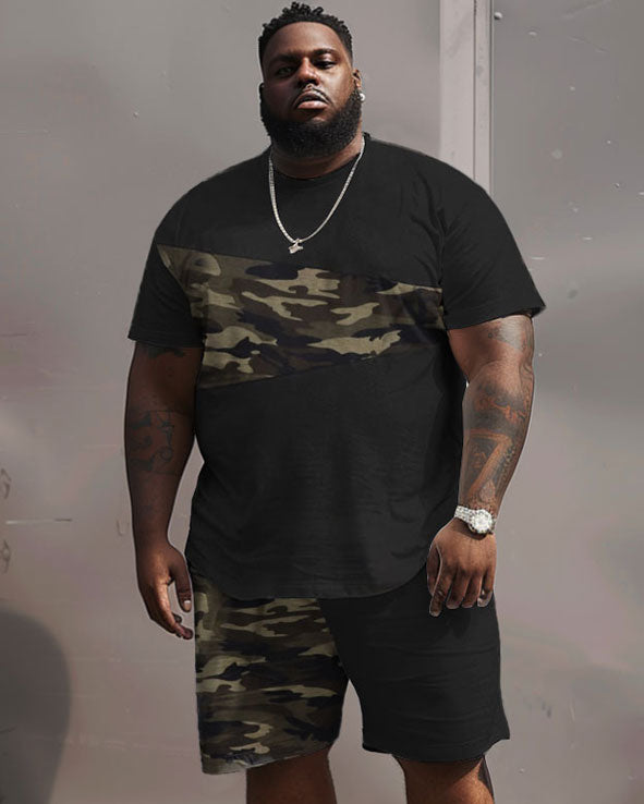 Big & Tall Black Camouflage T-Shirt Shorts Set for big men view 1
