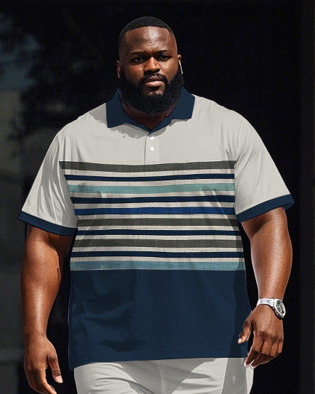 Big & Tall Blue Colorblock Striped Polo Shorts Set for big men view 2