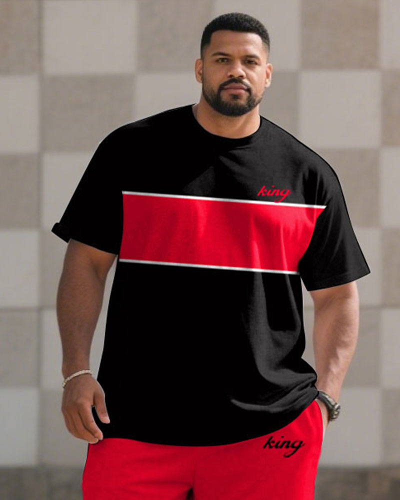 Big & Tall Black Red Colorblock T-Shirt Shorts Set for big men view 2