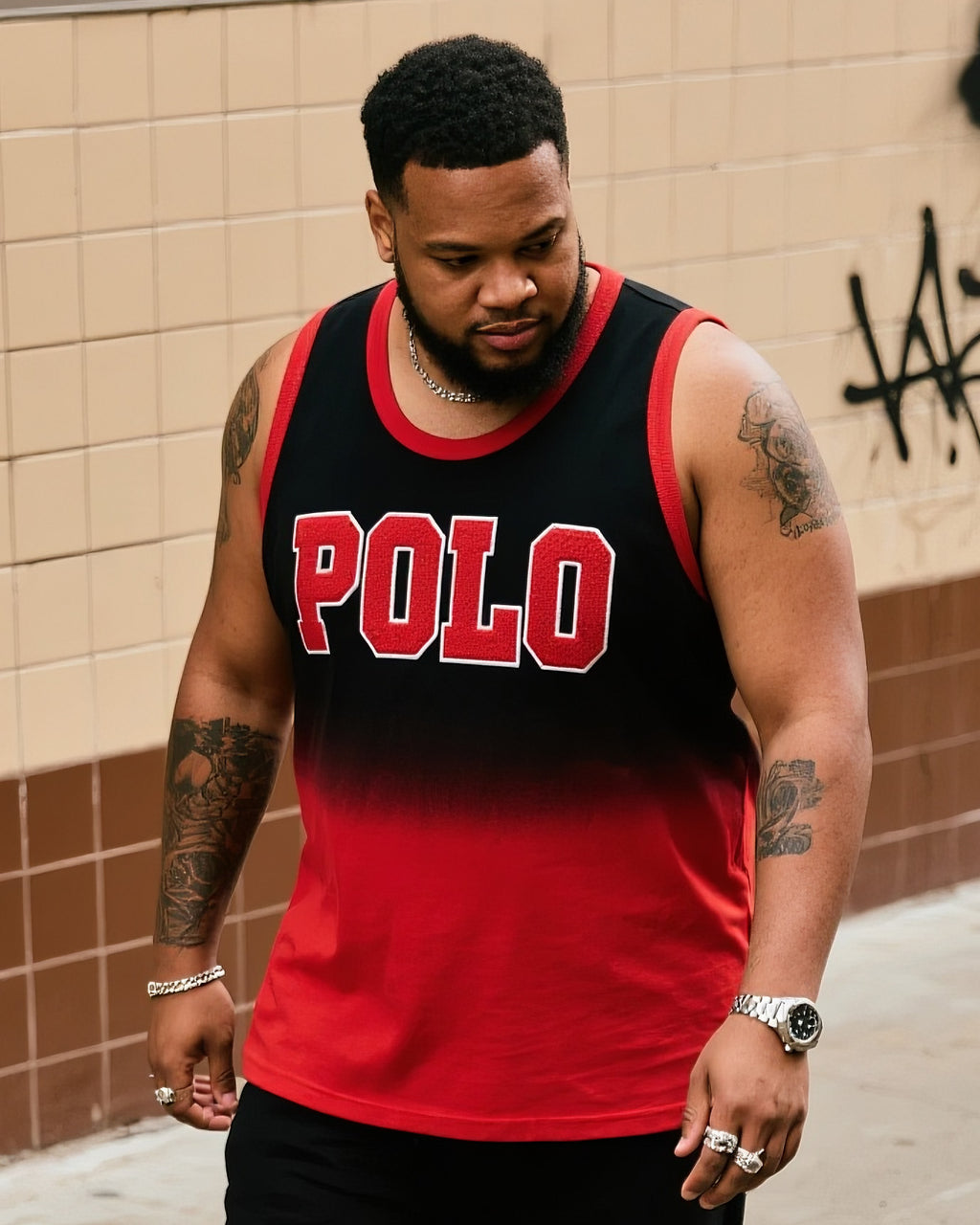 Big & Tall Black Red Gradient Vest Pants Set for big men view 2