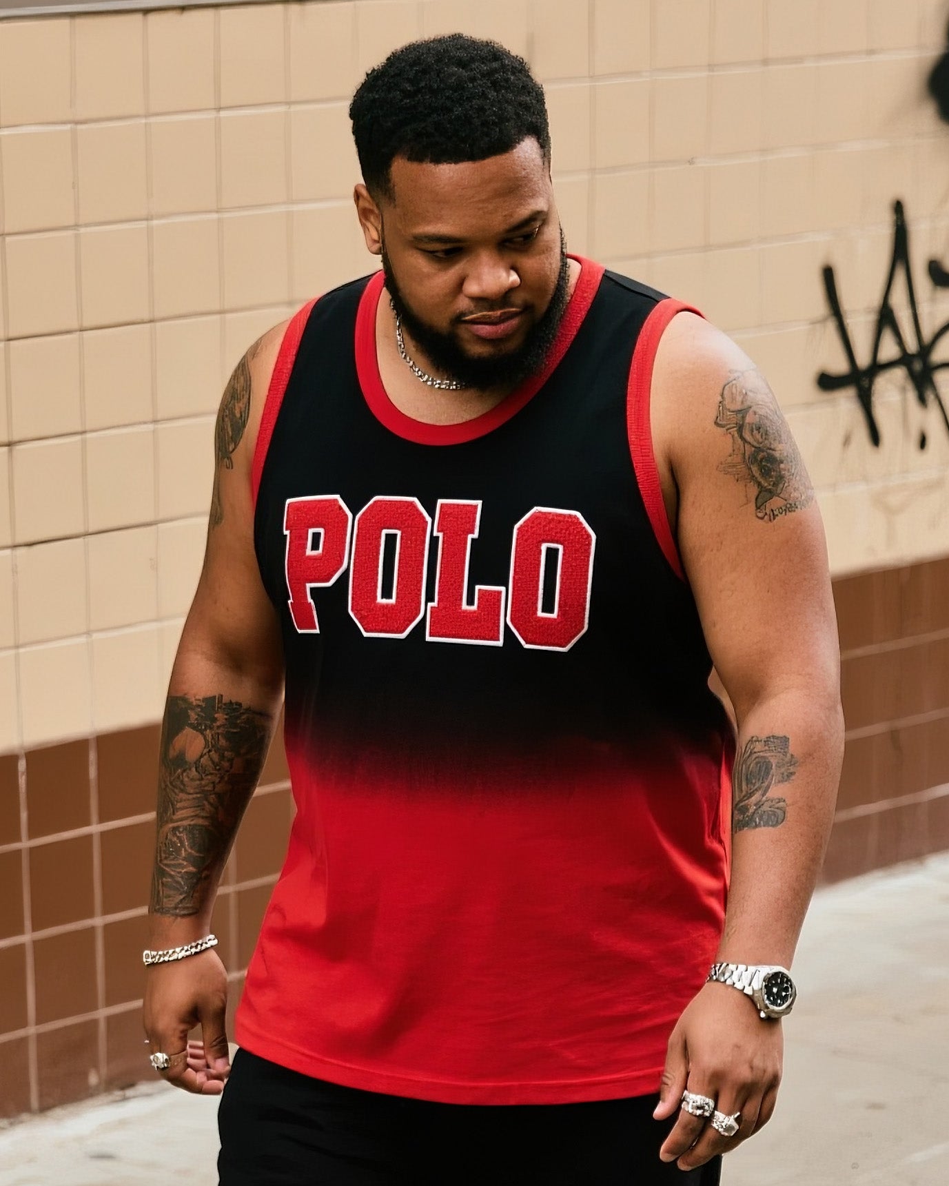 Big & Tall Black Red Gradient Vest Pants Set for big men view 2