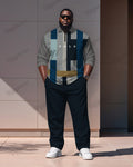 Big & Tall Blue Geometric Striped Polo Pants Set for big men view 1