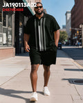 Big & Tall Black Striped Graphic Polo Shorts Set for big men view 2