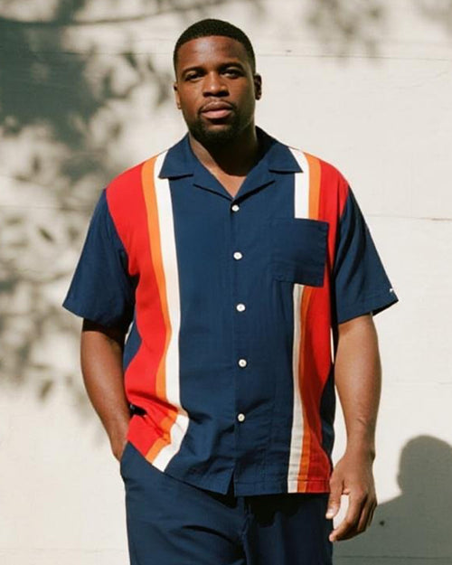 Big & Tall Blue Colorblock Striped T-Shirt Pants Set for big men view 2