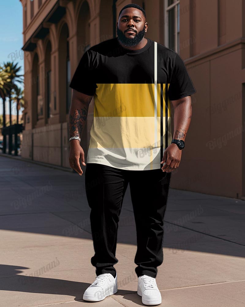 Big & Tall Black Yellow Colorblock T-Shirt Pants Set for big men view 1