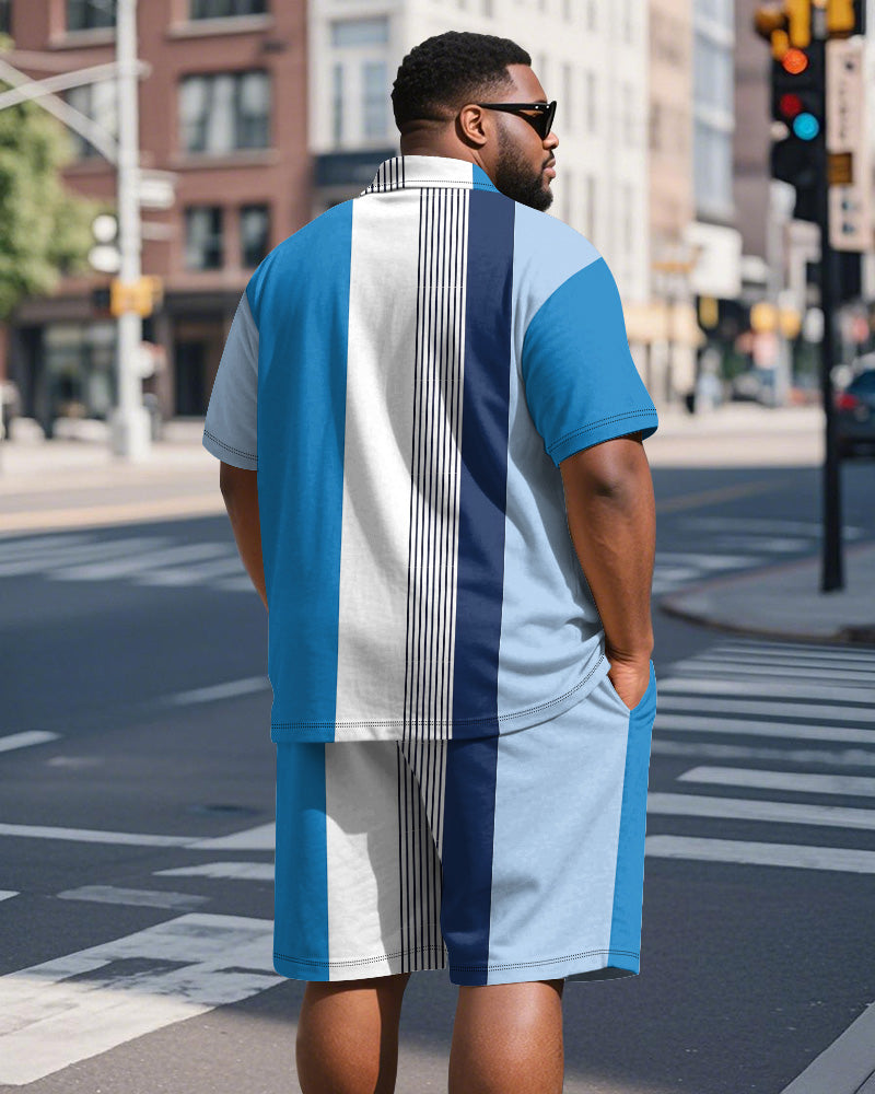 Big & Tall Blue Striped Graphic Polo Shorts Set for big men view 5