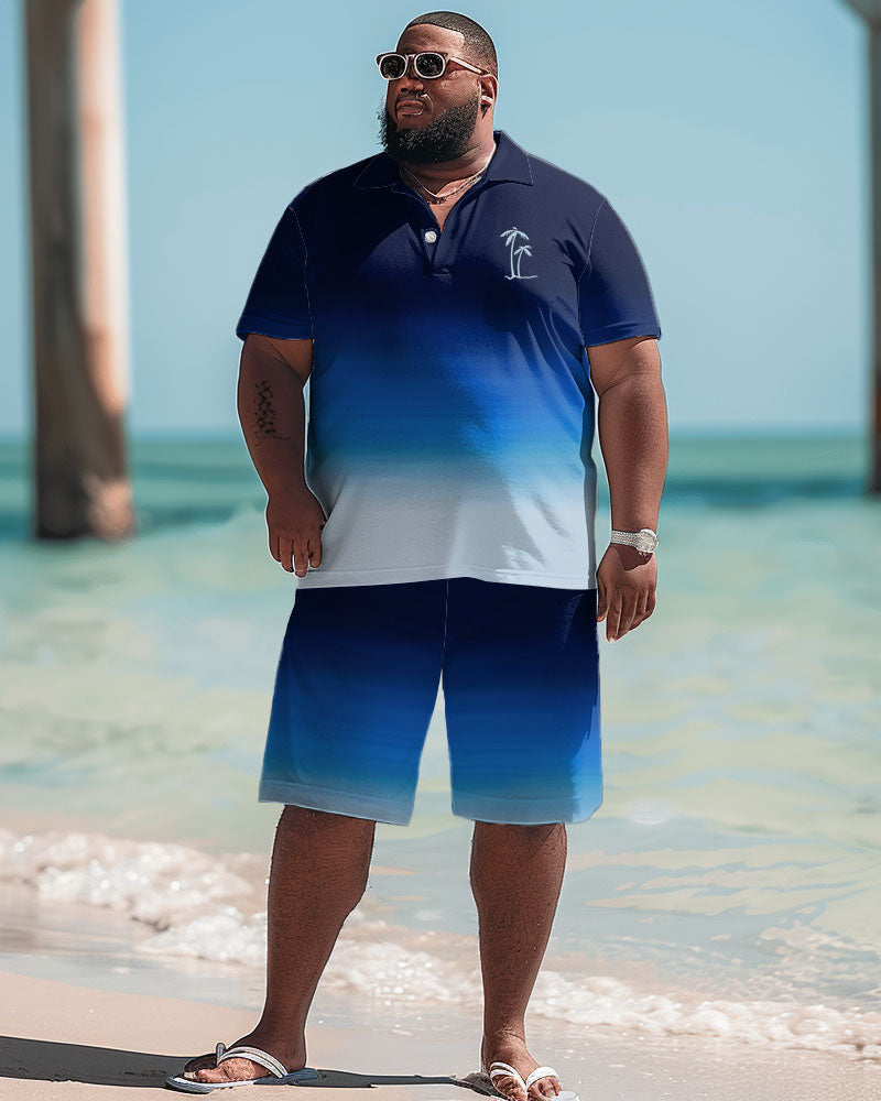 Big & Tall Blue Hawaiian Gradient Polo Shorts Set for big men view 1