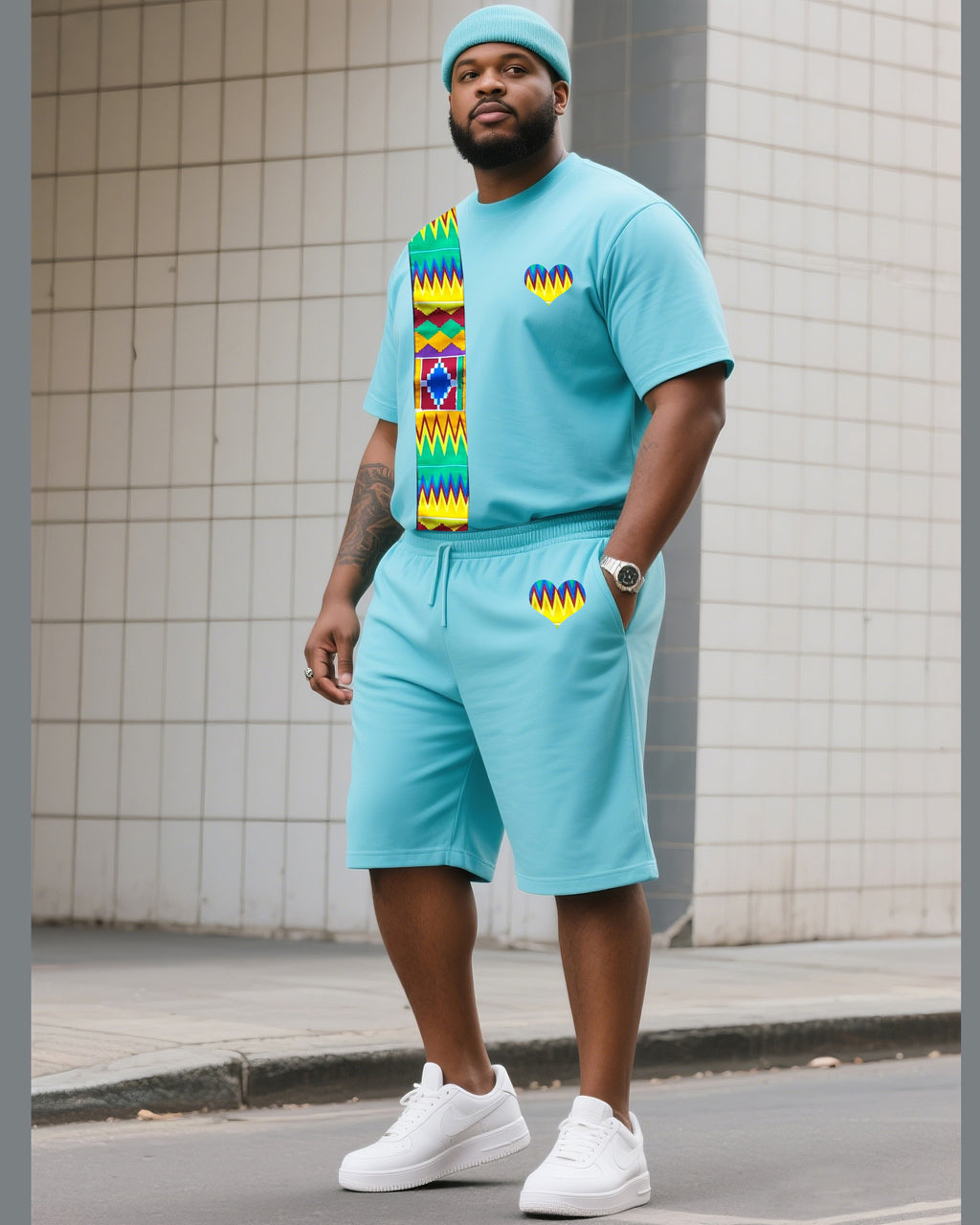 Big & Tall Blue Striped Graphic T-Shirt Shorts Set for big men view 1