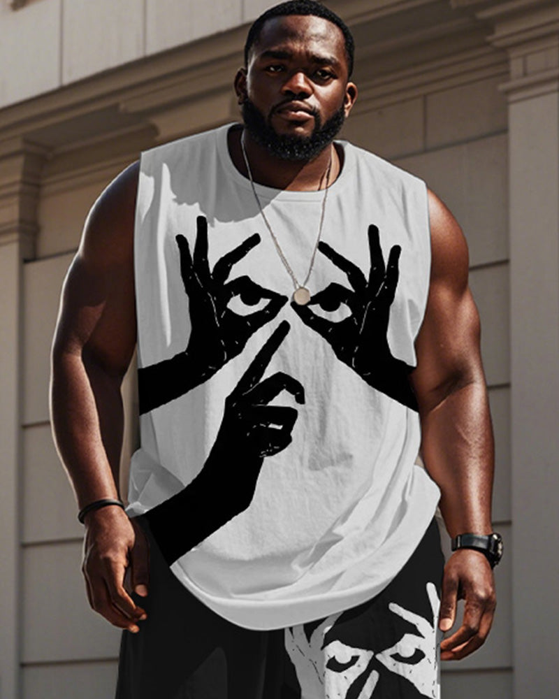 Big & Tall Black White Graphic Vest Pants Set for big men view 2