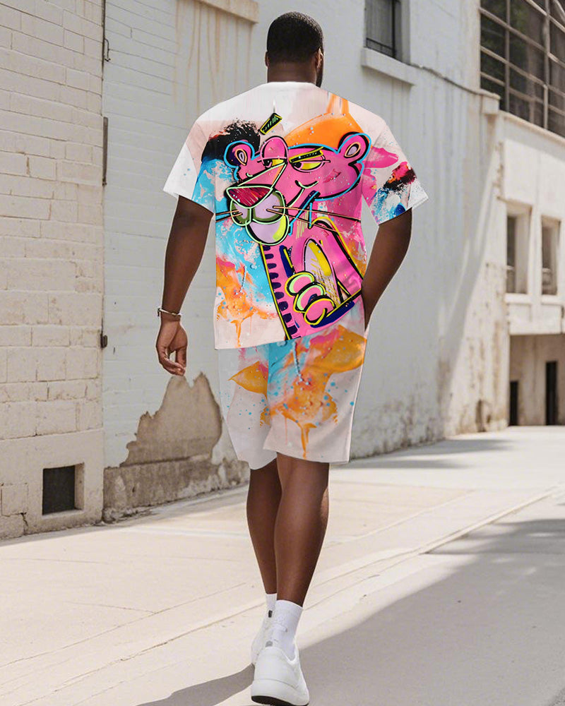 Big & Tall Pink Geometric Graphic T-Shirt Shorts Set for big men view 4
