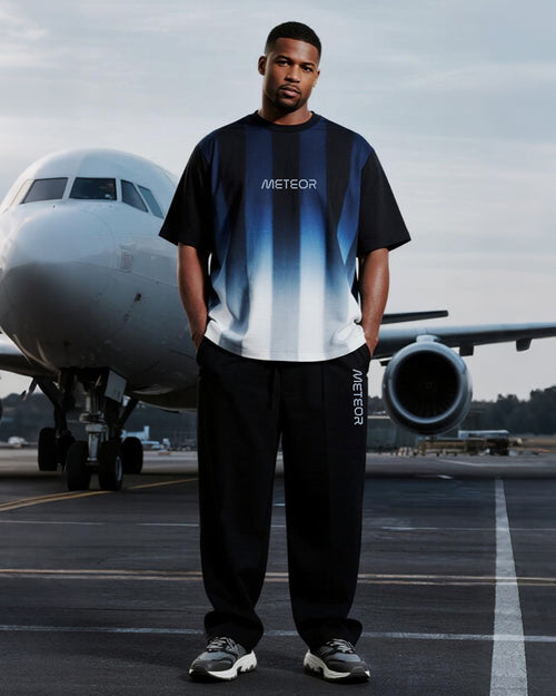 Big & Tall Blue Gradient Striped T-Shirt Pants Set for big men view 1