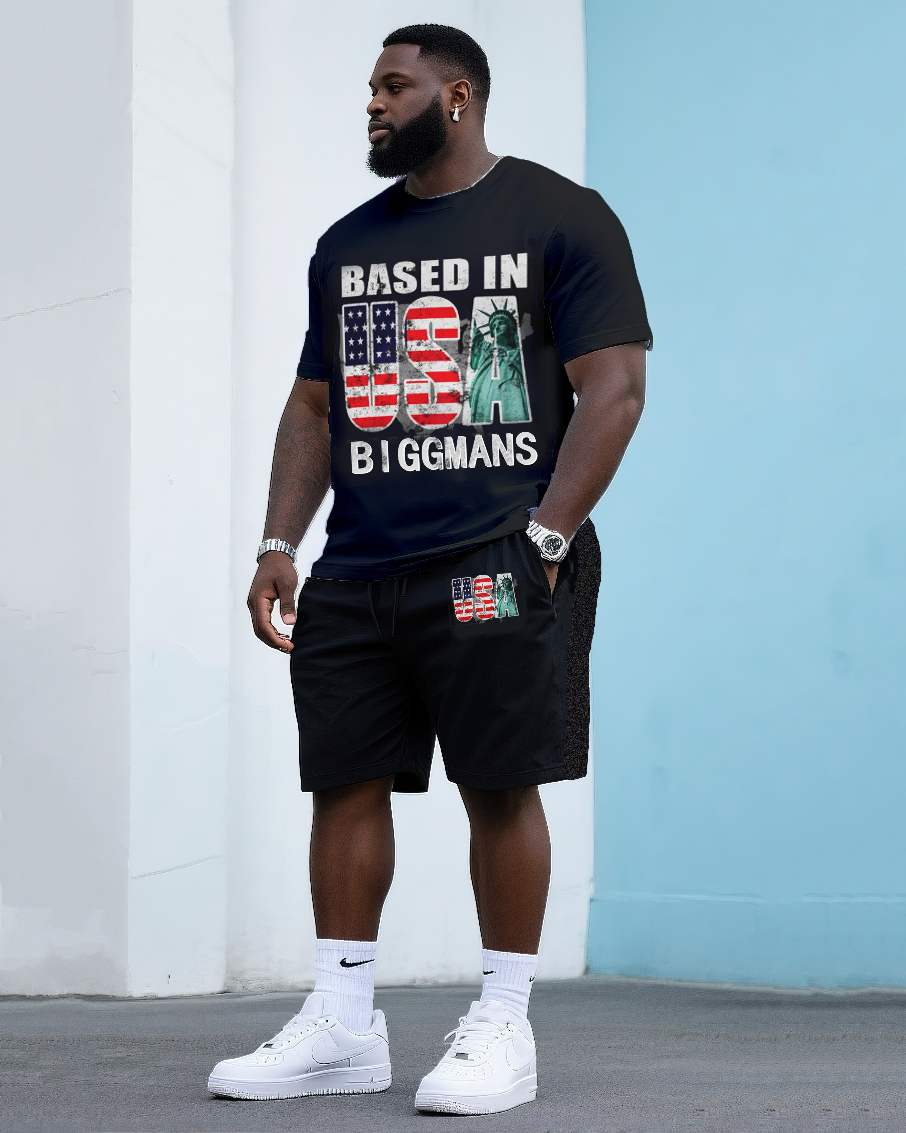 Big & Tall Graphic Streetwear T-Shirt Shorts Set for big men view 1