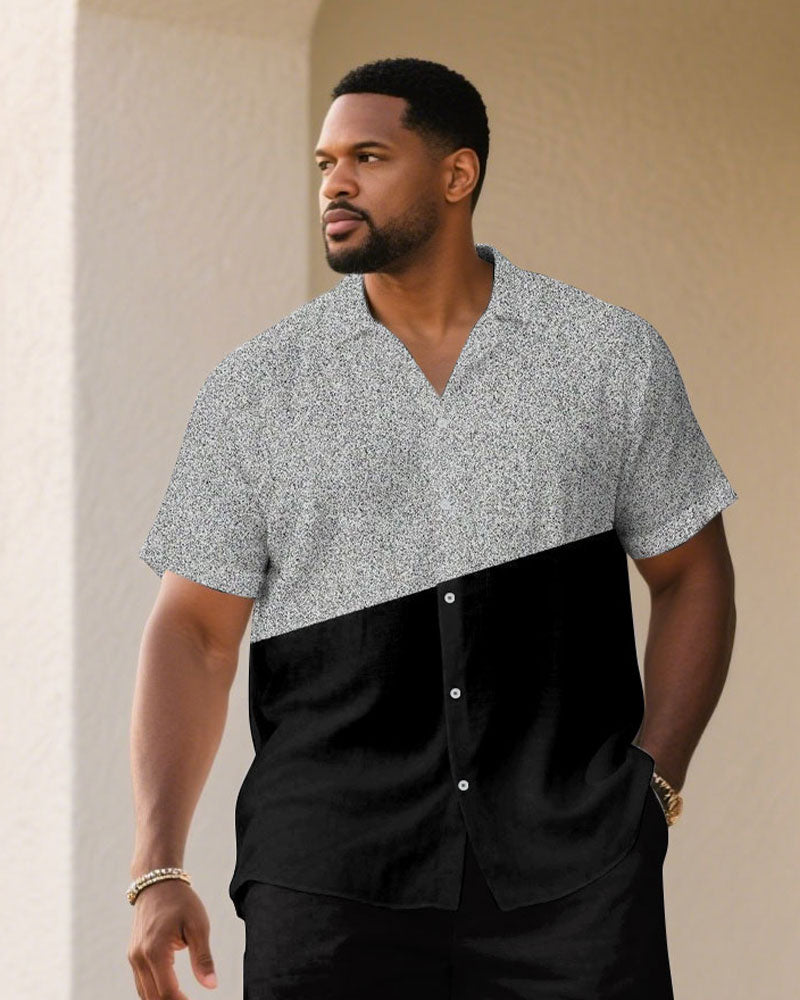 Big & Tall Black Gray Patchwork T-Shirt Shorts Set for big men view 2