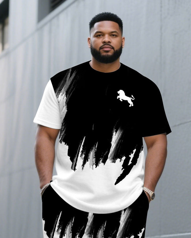 Big & Tall Black White Splash Ink T-Shirt Shorts Set for big men view 3