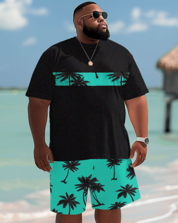 Big & Tall Black Blue Hawaiian T-Shirt Shorts Set for men view 1