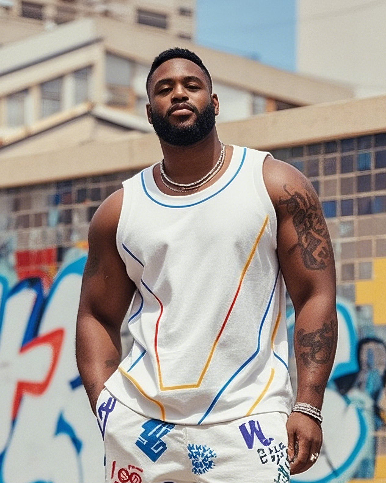 Big & Tall Graffiti Streetwear Vest Pants Set for big men view 2