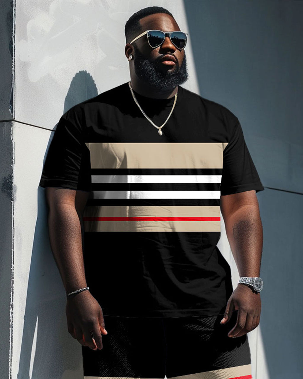 Big & Tall Colorblock Striped T-Shirt Shorts Set for big men view 2