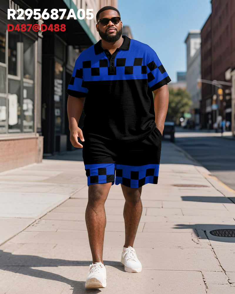 Big & Tall Blue Colorblock Graphic Polo Shorts Set for big men view 4