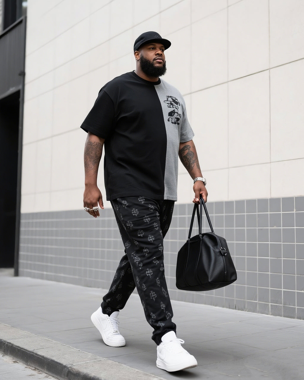 Big & Tall Black White Colorblock Two-piece Set for big men view 1