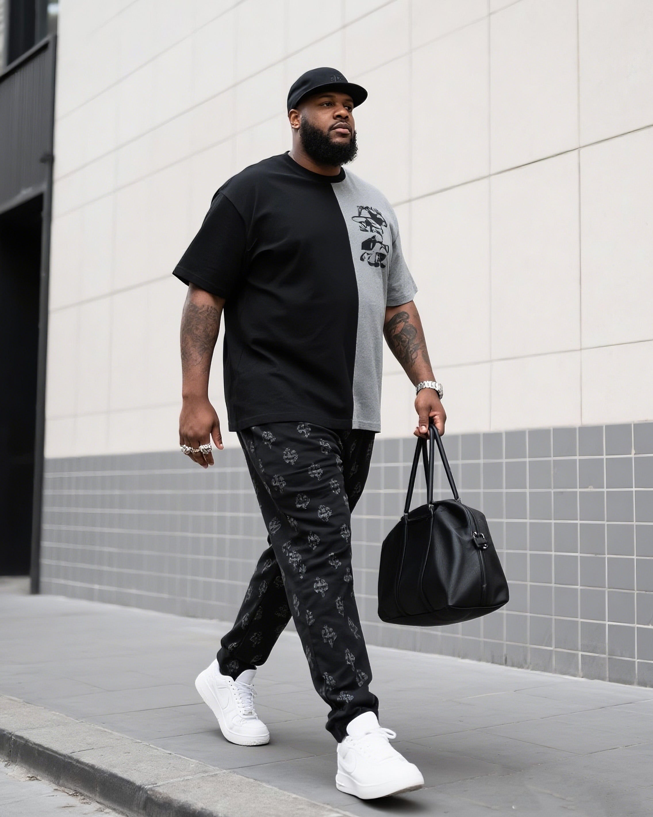Big & Tall Black White Colorblock Two-piece Set for big men view 1