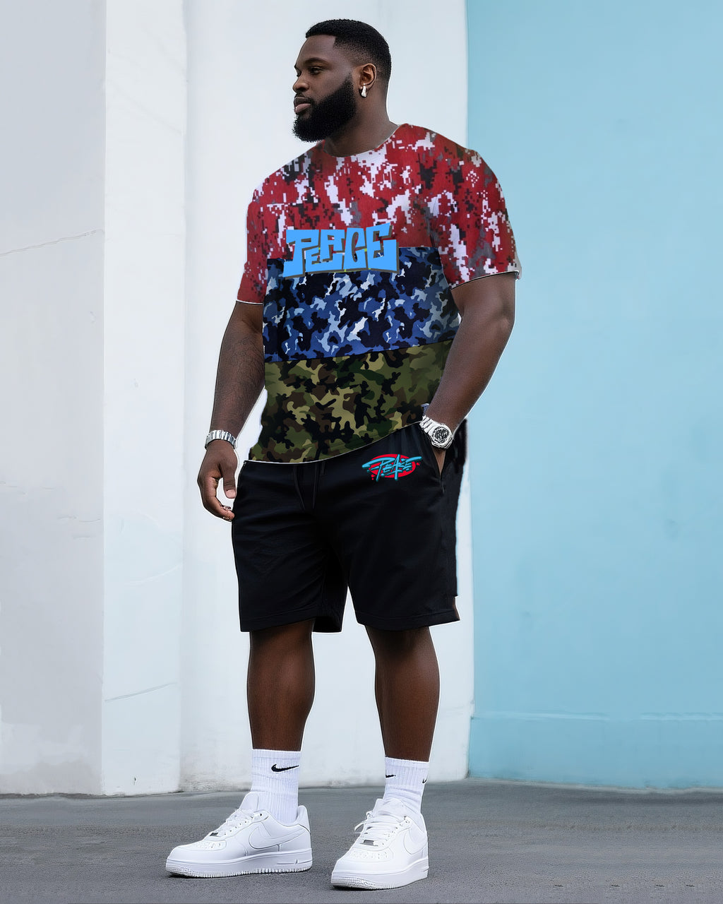 Big & Tall Camouflage Streetwear T-Shirt Shorts Set for big men view 1