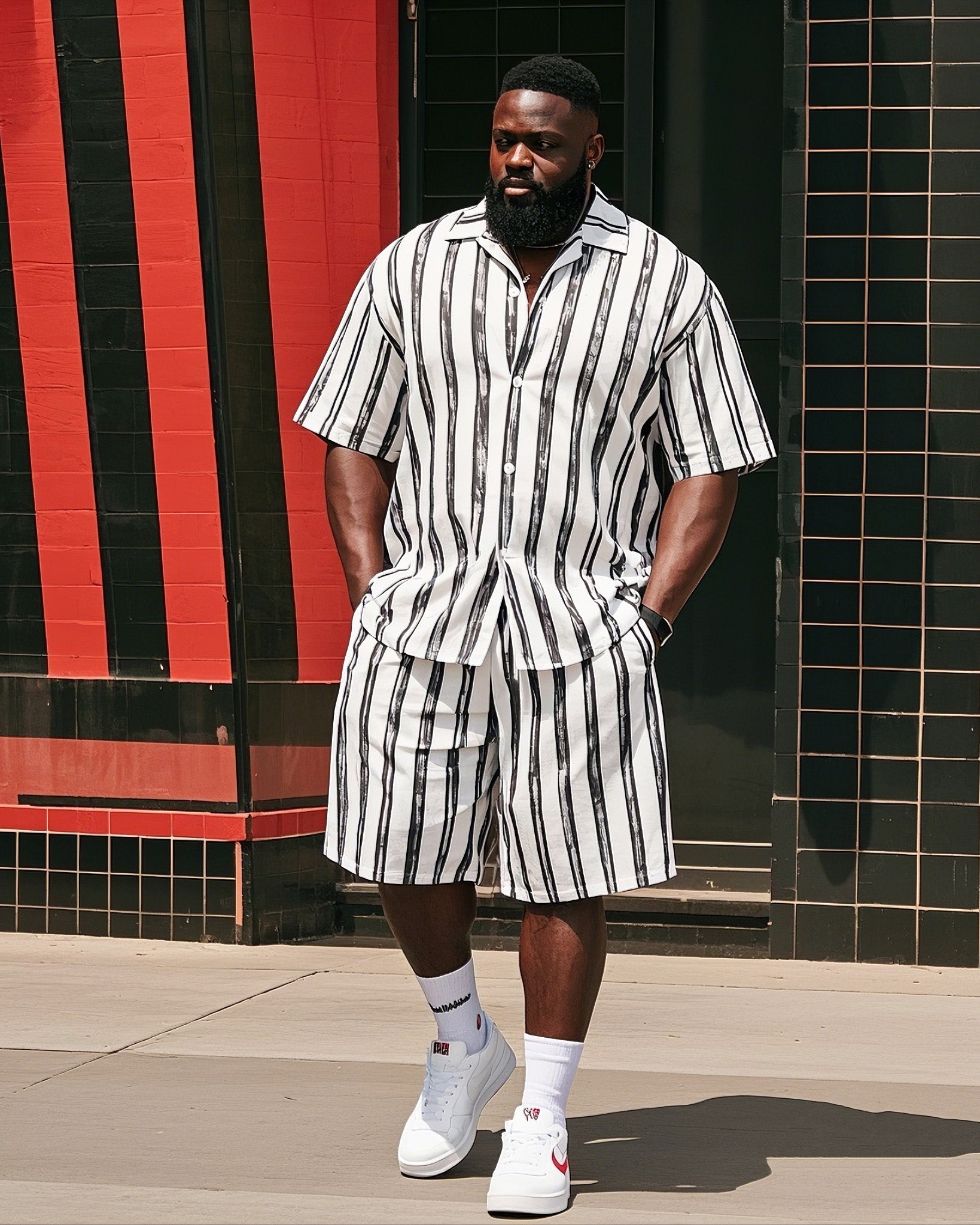 Big & Tall Colorblock Striped T-Shirt Shorts Set for big men view 1
