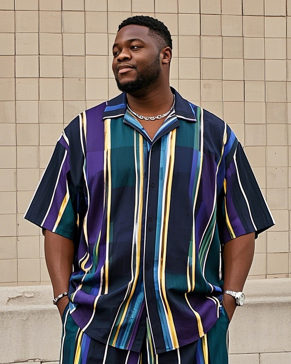 Big & Tall Colorblock Striped T-Shirt Shorts Set for big men view 2