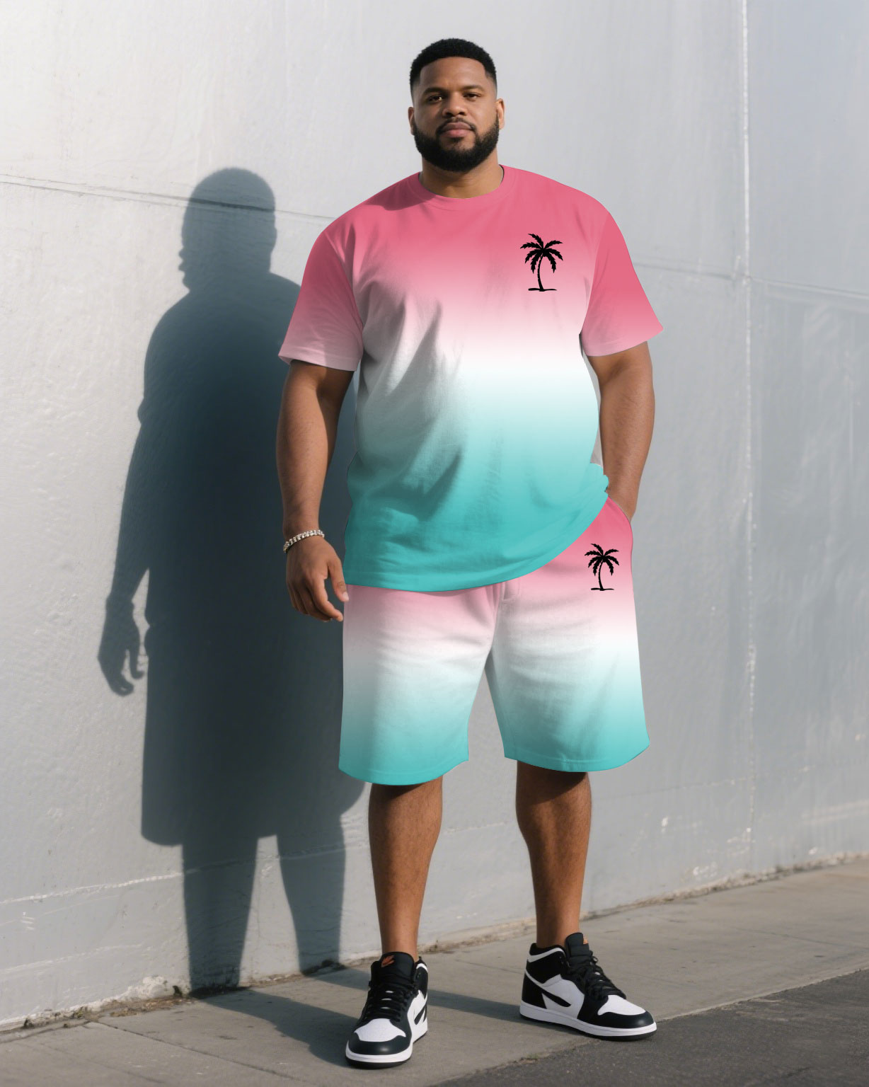Big & Tall White Blue Athletic T-Shirt Shorts Set for big men view 1