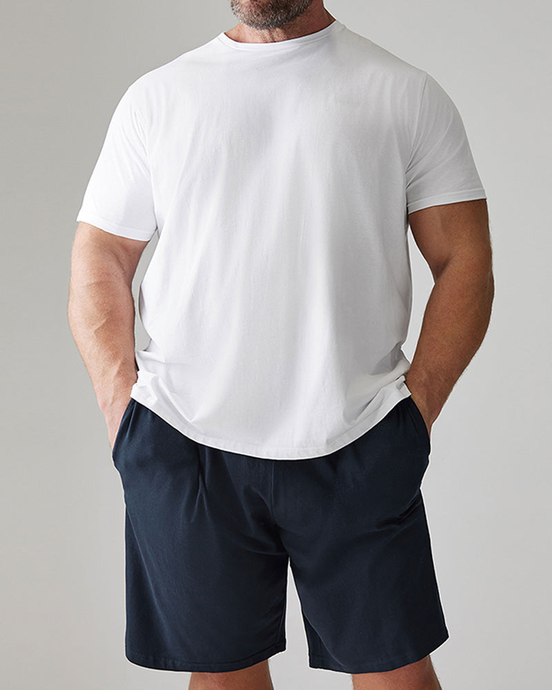 Big & Tall White Blue Solid Color T-Shirt Shorts Set for big men view 1