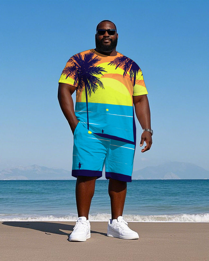 Big & Tall Hawaiian Colorblock T-Shirt Shorts Set for big men view 1