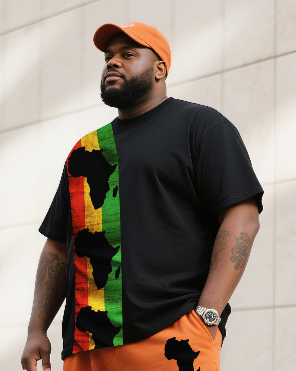 Big & Tall Black Orange Striped T-Shirt Shorts Set for big men view 2
