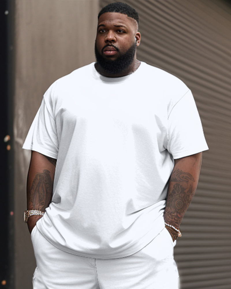 Big & Tall White Solid Color T-Shirt Shorts Set for big men view 2