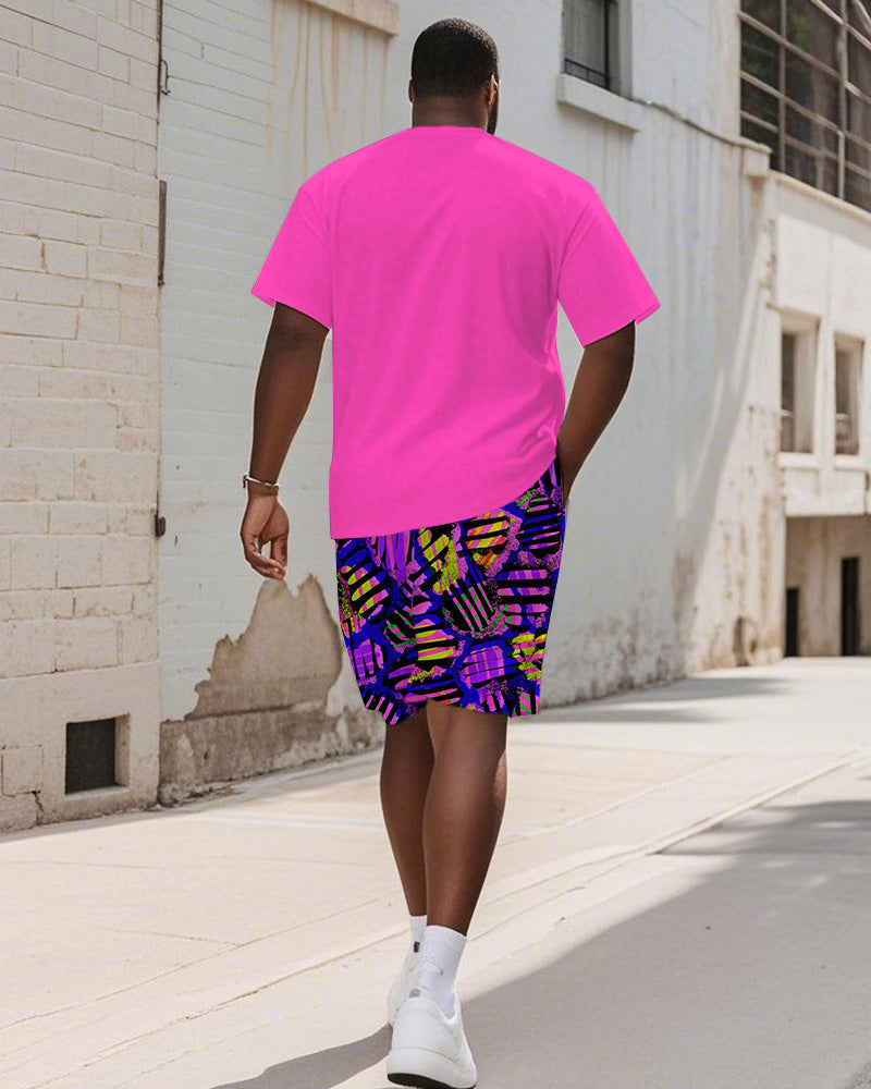 Big & Tall Pink Graphic Graffiti T-Shirt Shorts Set for big men view 4