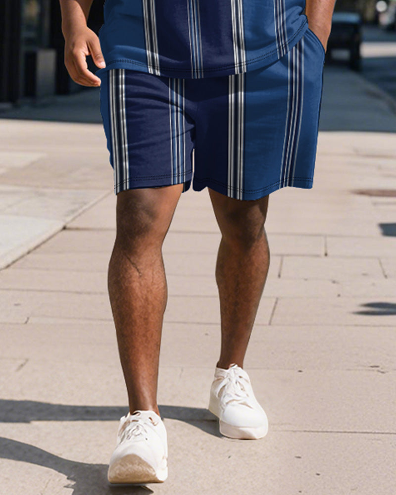 Big & Tall Blue Striped Graphic Polo Shorts Set for big men view 4