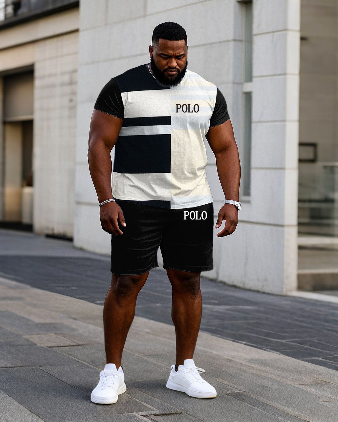 Big & Tall Black Colorblock T-Shirt Shorts Set for big men view 1