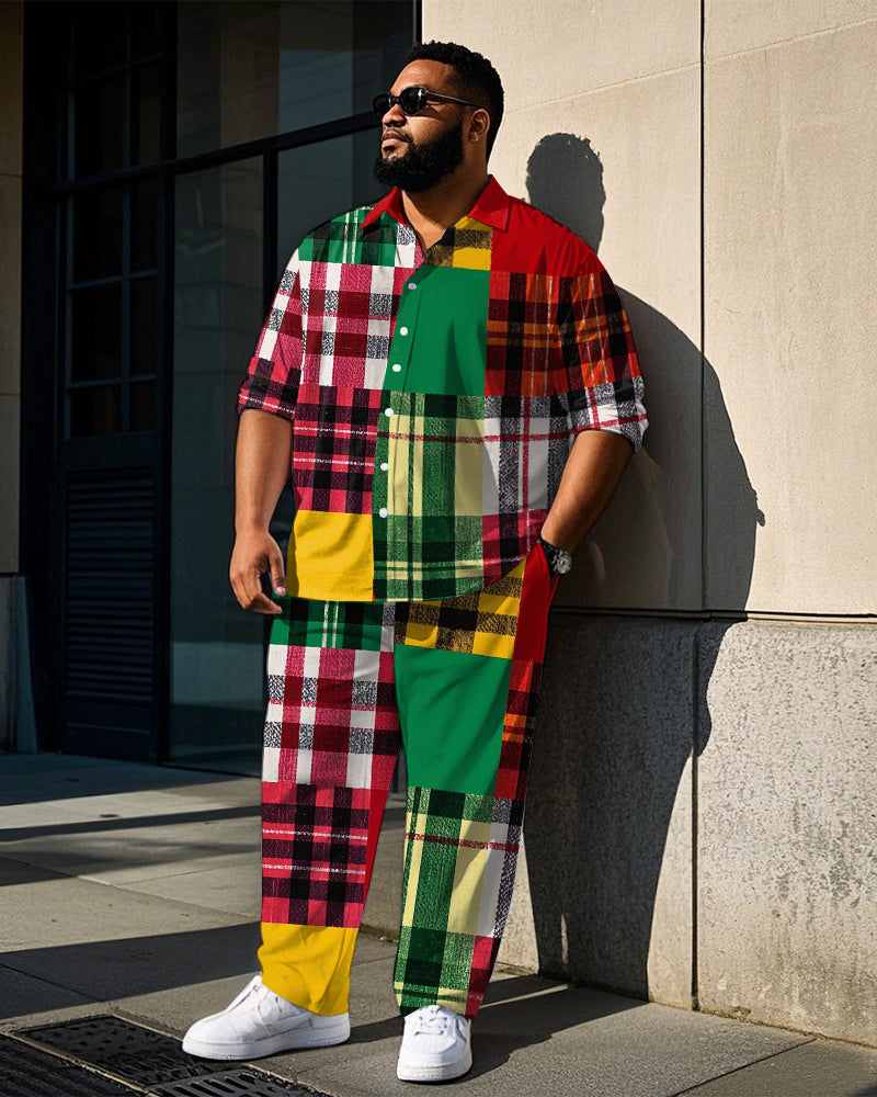 Big & Tall Colorblock Plaid T-Shirt Pants Set for big men view 1