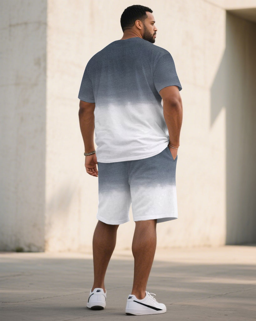 Big & Tall White Gray Gradient T-Shirt Shorts Set for big men view 4