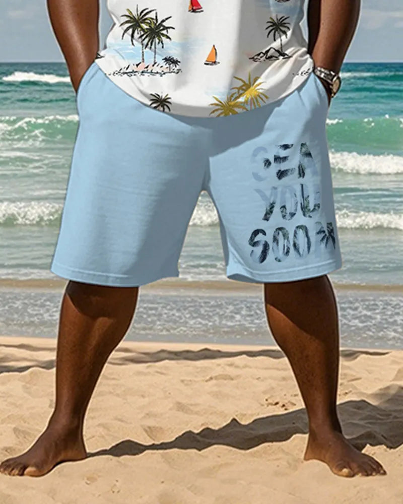 Big & Tall Blue Hawaiian Graphic T-Shirt Shorts Set for big men view 3