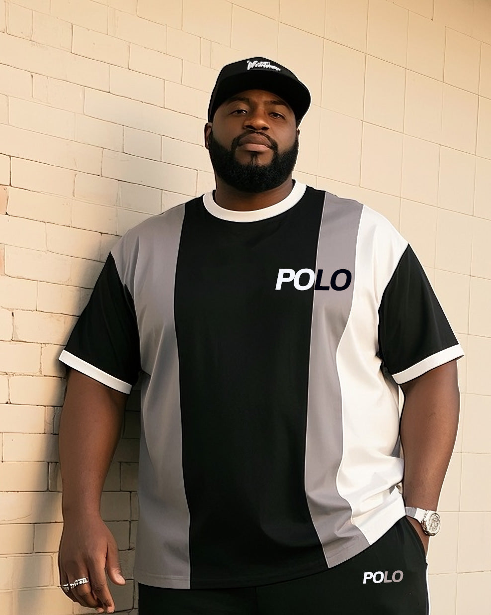 Big & Tall Black White Geometric T-Shirt Pants Set for big men view 2