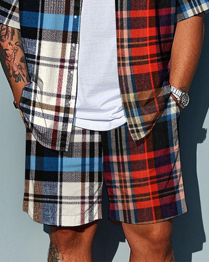 Big & Tall Colorblock Plaid T-Shirt Shorts Set for big men view 3