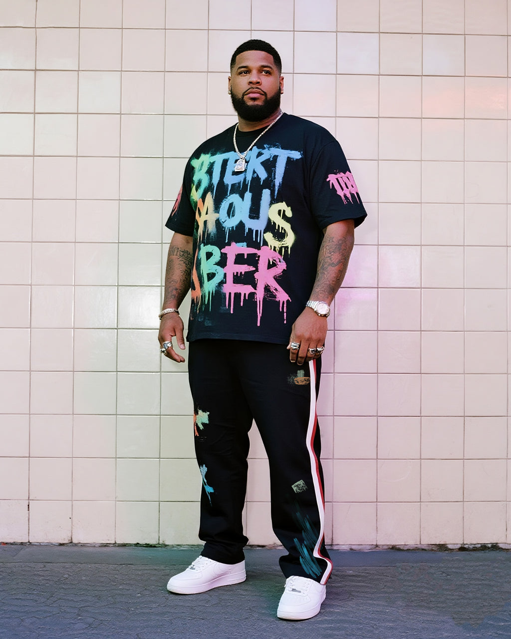Big & Tall Graffiti Streetwear Two-piece Set for big men view 1