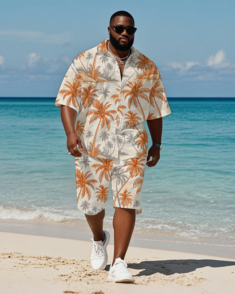 Big & Tall Orange Gray Hawaiian T-Shirt Shorts Set for big men view 1
