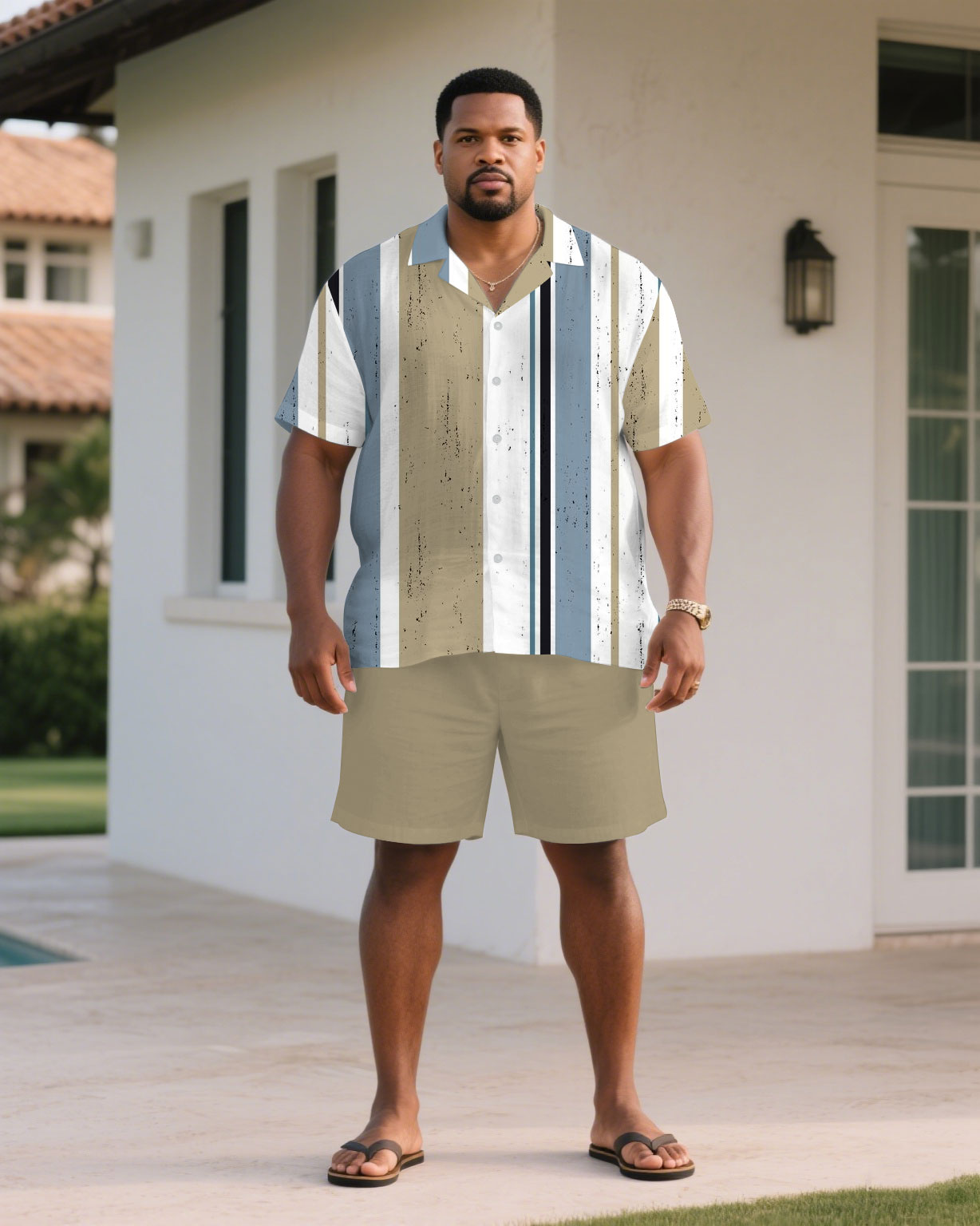 Big & Tall Khaki Blue Graphic T-Shirt Shorts Set for big men view 1