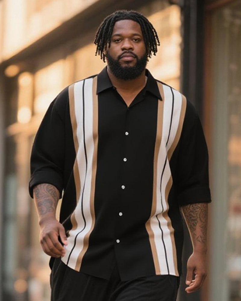 Big & Tall Black Striped Graphic T-Shirt Pants Set for big men view 2