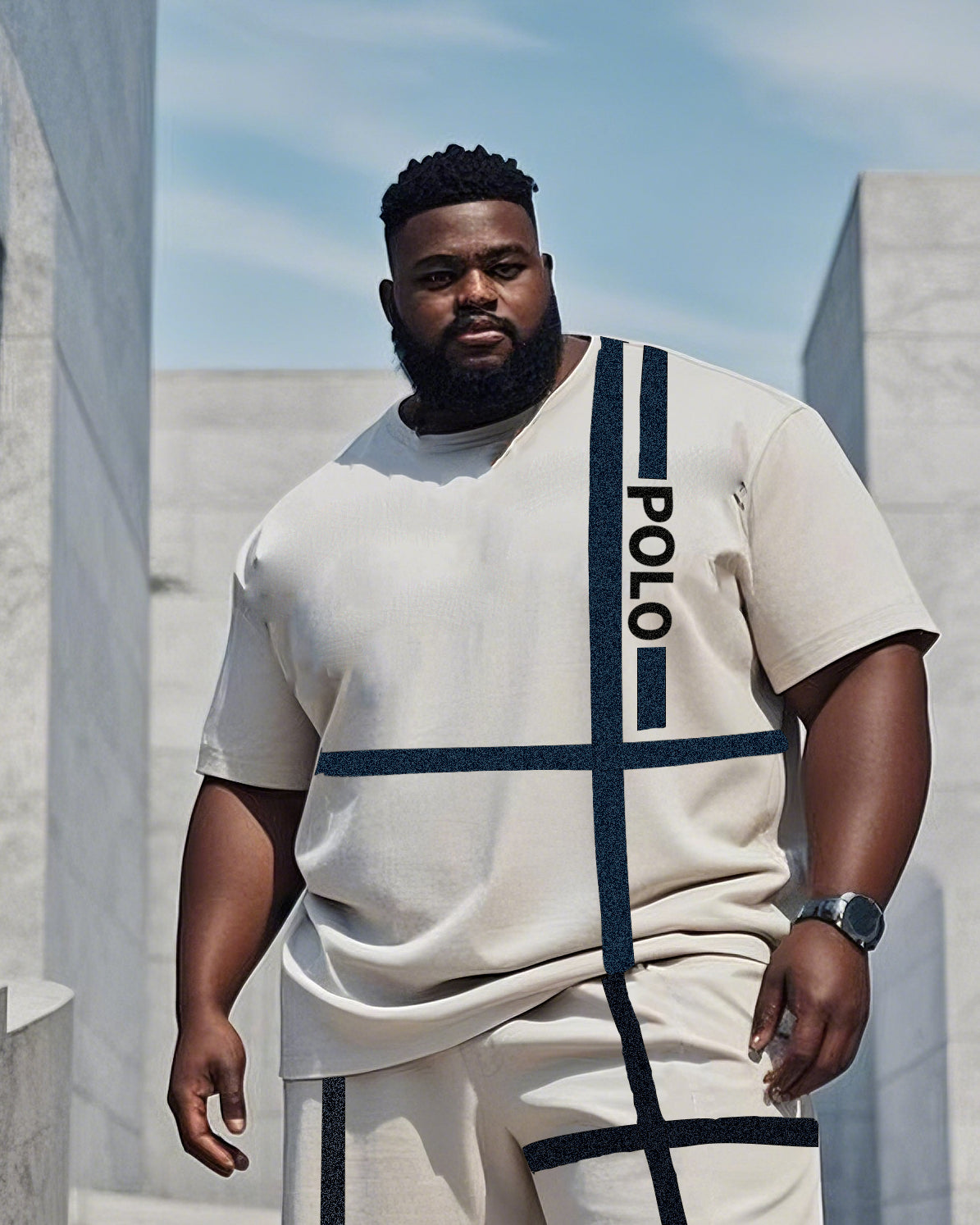Big & Tall Black Striped Graphic T-Shirt Pants Set for big men view 2