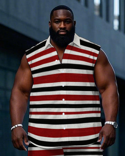 Big & Tall Black Red Striped T-Shirt Shorts Set for big men view 2